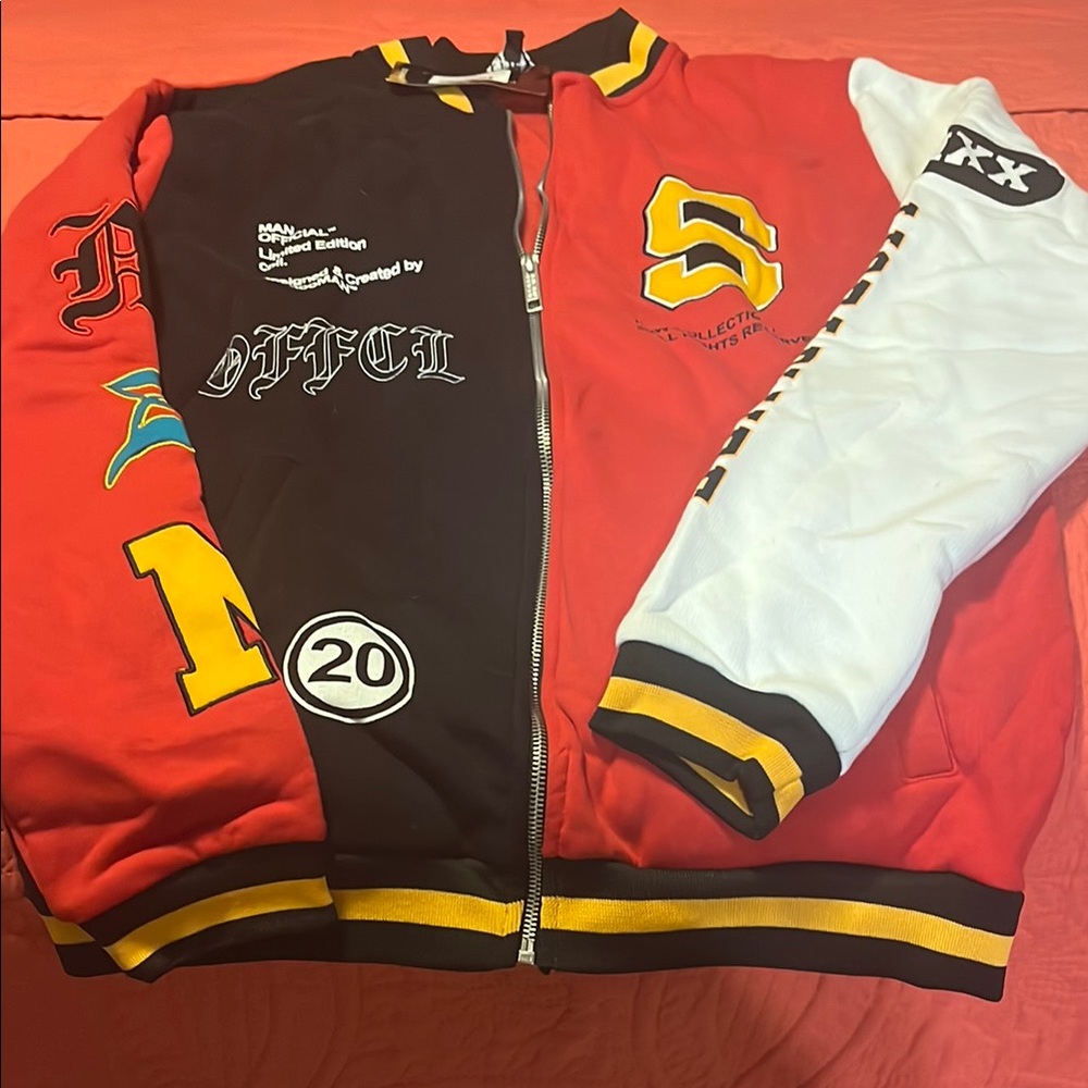 Boohoo Mens Red and Black Varsity Jacket